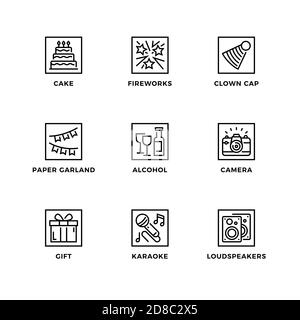 Vector set of design elements, logo design template, icons and badges for party. Line icon set, editable stroke. Stock Vector