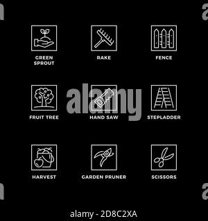 Vector set of design elements, logo design template, icons and badges for garden. Line icon set, editable stroke. Stock Vector