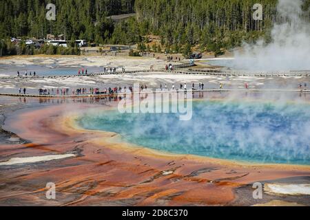 Close-up aerial view of Grand Prismatic Spring in Midway Geyser Basin, Yellowstone National Park, Wyoming, USA. It is the largest hot spring in the Un Stock Photo