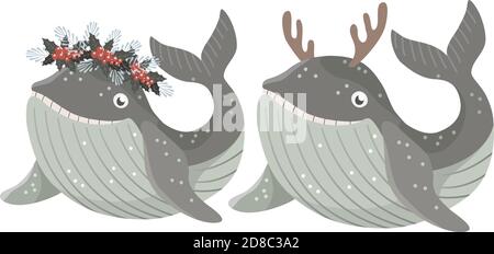 Set of Isolated baby whale with wreath of winter flowers and in deer antlers. Vector illustration Stock Vector