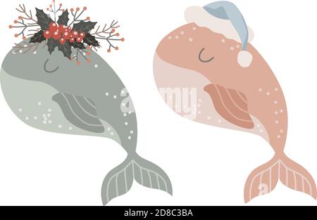 Set of Isolated baby whale with wreath of winter flowers and in santa hat. Vector illustration Stock Vector