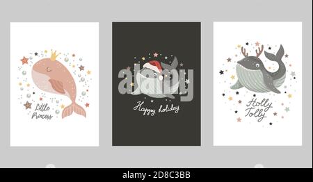 Set of Isolated christmas cards with baby whale with crown, in santa hat and in deer antlers. Vector illustration Stock Vector