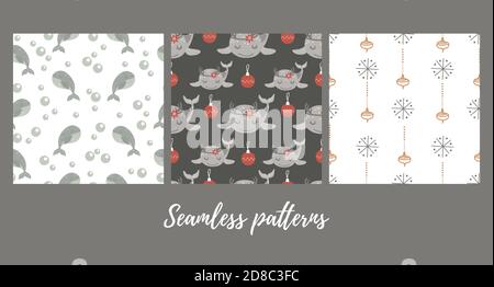 Set of christmas seamless patterns with baby whale . Vector illustration Stock Vector