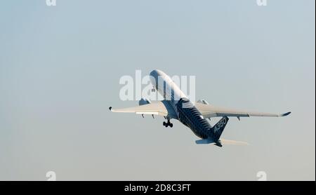 Zhukovsky, moskow region, Russia - August 31, 2019: Airbus Industrie A350 modern civil airliner taking off for a demo flight in Zhukovsky during MAKS-