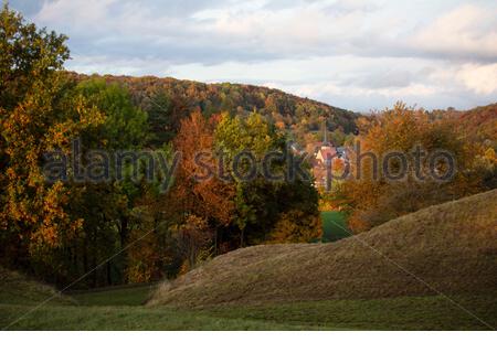 After a very rainy day the weather cleared in Coburg Germany yesterday evening  to produce typical autumnal colours and beautiful scenes. More rain is forecast for Thursday. Stock Photo