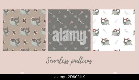 Set of christmas seamless patterns with baby whale in santa hat and in winter wreath . Vector illustration Stock Vector