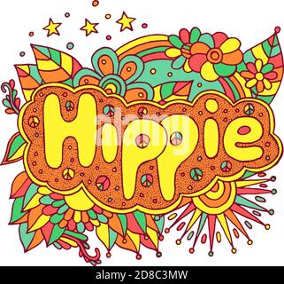 Colorful illustration with motivational quote - Hippie. Doodle lettering. Art therapy antistress illustration. Vibrant line art. Vector artwork Stock Vector