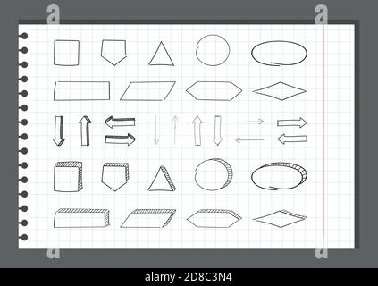 block diagram flowchart vector collection. mindmap set of hand-drawn system structure elements circle oval rectangle square arrow in sketch doodle outline style. Stock Vector