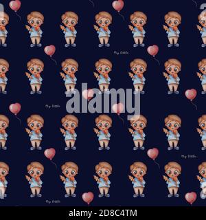 Seamless patterns. Sweet tooth boy with candy and ice cream in his hands on a dark blue background with balloons. Written - My little. Childrens Stock Photo