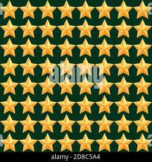 geometric seamless pattern, volumetric yellow golden five-pointed stars on a dark green background. vintage style vector pattern, multicolor retro illustration for wallpaper, fabrics, wrapping Stock Vector