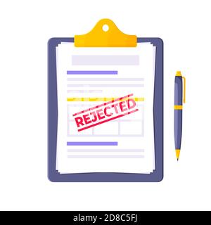 Rejected credit or loan form with clipboard and claim form on it, paper sheets isolated on white background. Stock Vector