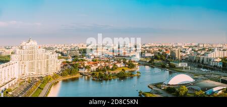 Minsk, Belarus. Elevated View Of Historical Center, Old Town. Minsk Skyline In Sunny Summer Evening. Holy Spirit Cathedral In Nemiga District In Stock Photo