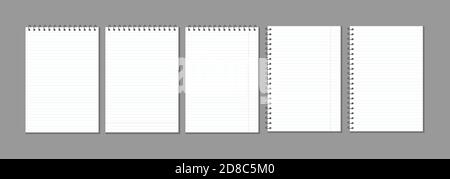 set of vector realistic blank lined notebook sheets for notes. collection of assorted striped spiral notepads ready for note messages copy space, clean design mockup template isolated on transparent. Stock Vector