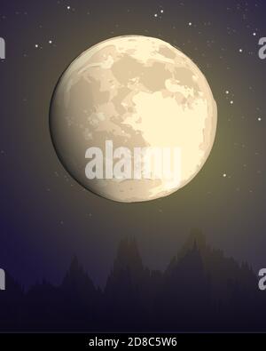 full moon against the background of the starry sky over the dark silhouette of the mountains. dark purple and yellow vector hand draw landscape nature illustration Stock Vector