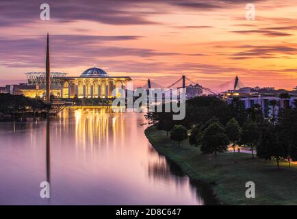 The evening sunset across the Iron Mosque, Putrajaya, Malaysia. Stock Photo