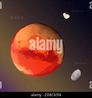 mars with satellites deimos phobos view from space vector illustration for education training manuals textbooks posters astronomy space flight research exploration Stock Vector