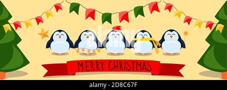 Christmas and New Year banner with a cute penguins with Christmas accessories (xmas tree, stars, hat, scarf, light bulbs, flags). Colorful illustration of a funny penguin character for design, poster, greeting card, wrapping Stock Vector