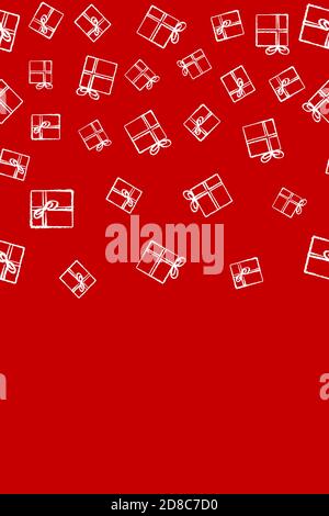 Christmas border seamless pattern. Hand-drawn gift boxes on red background. stock vector illustration. elongated horizontal orientation, background for a Christmas banner, ribbons, wrapping Stock Vector