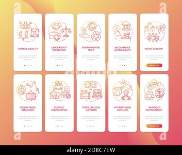 Social change advantages onboarding mobile app page screen with concepts set Stock Vector
