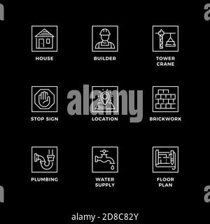 Vector set of design elements, logo design template, icons and badges for construction. Line icon set, editable stroke. Stock Vector