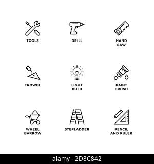 Vector set of design elements, logo design template, icons and badges for construction. Line icon set, editable stroke. Stock Vector