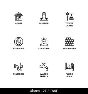 Vector set of design elements, logo design template, icons and badges for construction. Line icon set, editable stroke. Stock Vector