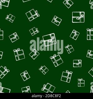 christmas gifts vector seamless pattern. hand-drawn in chalk gift boxes on a dark green background. festive design of wrapping, textile, cards, decor, minimal scandinavian style Stock Vector