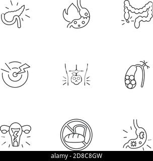 Pain in belly linear icons set Stock Vector
