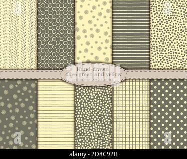 set of ten seamless patterns in hand drawn scandinavian minimalist style. bicolor olive green and pastel yellow, hand-drawn vector illustration. for printing on fabric, textile, wallpaper, wrapping. Stock Vector