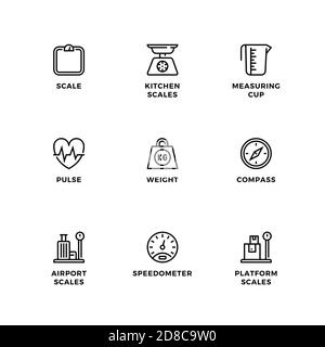 Vector set of design elements, logo design template, icons and badges for measuring. Line icon set, editable stroke. Stock Vector