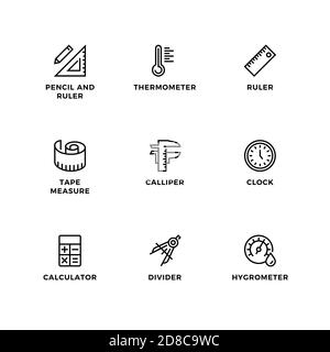 Vector set of design elements, logo design template, icons and badges for measuring. Line icon set, editable stroke. Stock Vector