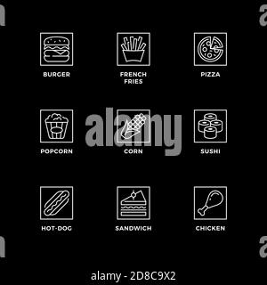 Vector set of design elements, logo design template, icons and badges for fastfood. Line icon set, editable stroke. Stock Vector