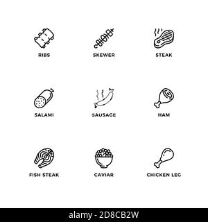 Vector set of design elements, logo design template, icons and badges for meat. Line icon set, editable stroke. Stock Vector
