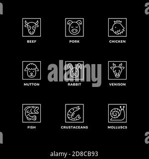 Vector set of design elements, logo design template, icons and badges for kinds of meat and food. Line icon set, editable stroke. Stock Vector