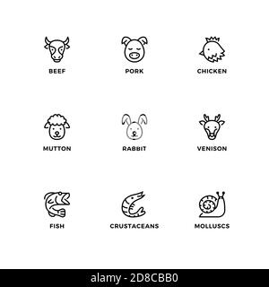 Vector set of design elements, logo design template, icons and badges for kinds of meat and food. Line icon set, editable stroke. Stock Vector
