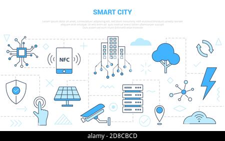 smart city concept with icon line style set template banner with modern blue color Stock Vector