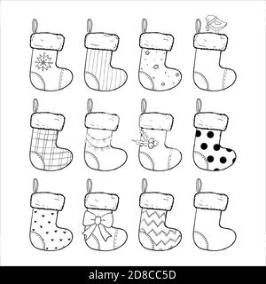 Christmas stockings set hand drawn vector illustration, black and white. Sock-shaped bags. Decorated winter socks, Saint Nicholas Day gifts Stock Vector