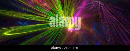 Abstract disoteque lights bright green purple blue colors over dark fractal background horizontal panoramic view image. Stock Photo