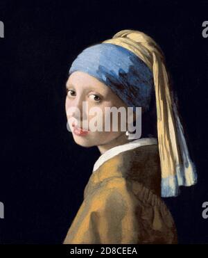 Title: Girl with a Pearl Earring Creator: Johannes Vermeer  Date: c.1665-6 Medium: Oil on canvas Dimensions: 44.5 x 39 cm Location: Mauritshuis, The Hague Stock Photo