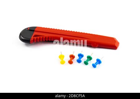 Schoolboy student stationery set pins paper clips, on white isolated background Stock Photo