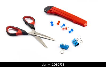 Banner photo of stationery school set, on white isolated background Stock Photo
