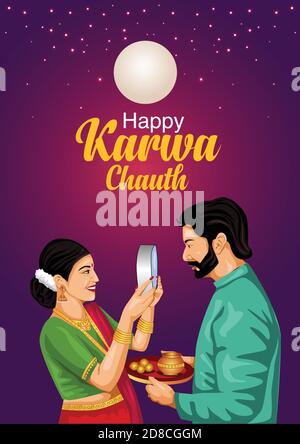 illustration of Indian Hindu Festival happy Karva Chauth background with couple doing Karwa Chauth. Stock Vector