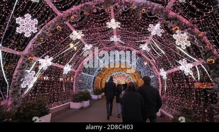 Moscow, Russia. January 16, 2020. Light tunnel on Tverskoy Boulevard at the festival Journey to Christmas Stock Photo