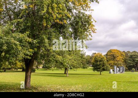 Scenic view at the Yorkshire Sculpture Park with modern art pieces displayed in rural setting. Stock Photo