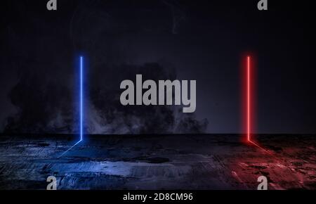 Red and blue. Neoned lines futuristic aesthetics. Glowing neon futuristic style on smoked dark background. Horizontal wallpaper, background. Stylish flyer for ad, offer, bright colors. Copyspace. Stock Photo