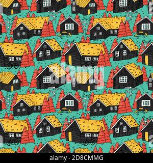 Canadian and scandinavian black wooden houses with grass on the roof white windows and pink christmas trees vector hand drown seamless pattern Stock Vector