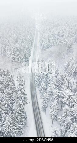 Road through Snow Covered White Forest in Deep Winter Storm with Car on the Street Stock Photo