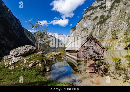 Boat house at the Obersee in Berchtesgadener Land, Bavaria, Germany. Stock Photo