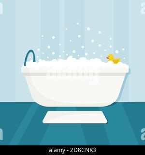 Bubble bath with yellow rubber duck. Bathtub and mat in bathroom. Vector flat illustration Stock Vector