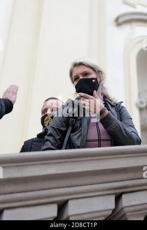 Warsaw, OCTOBER 25. 2020: A protest against the tightening of the abortion law . A National Radical Camp (ONR) members and Zofia Klepacka defend entra